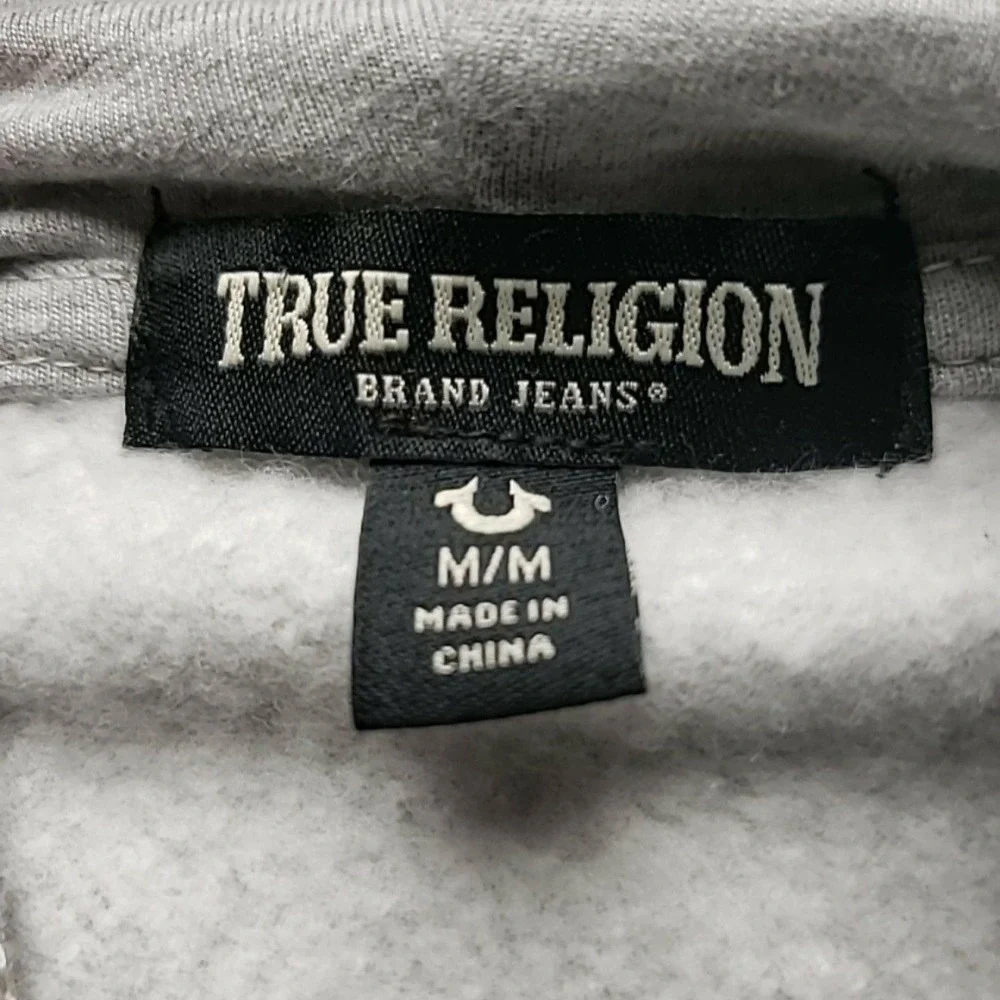 True Religion Hoodie Mens Medium Gray Full Zip Buddha Back Graphic Fleece Logo